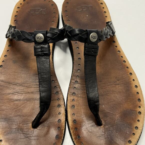 UGG Australia Bria Black Tan Braided Leather Flip Flop Sandals Women’s 7 Basic - Picture 2 of 9